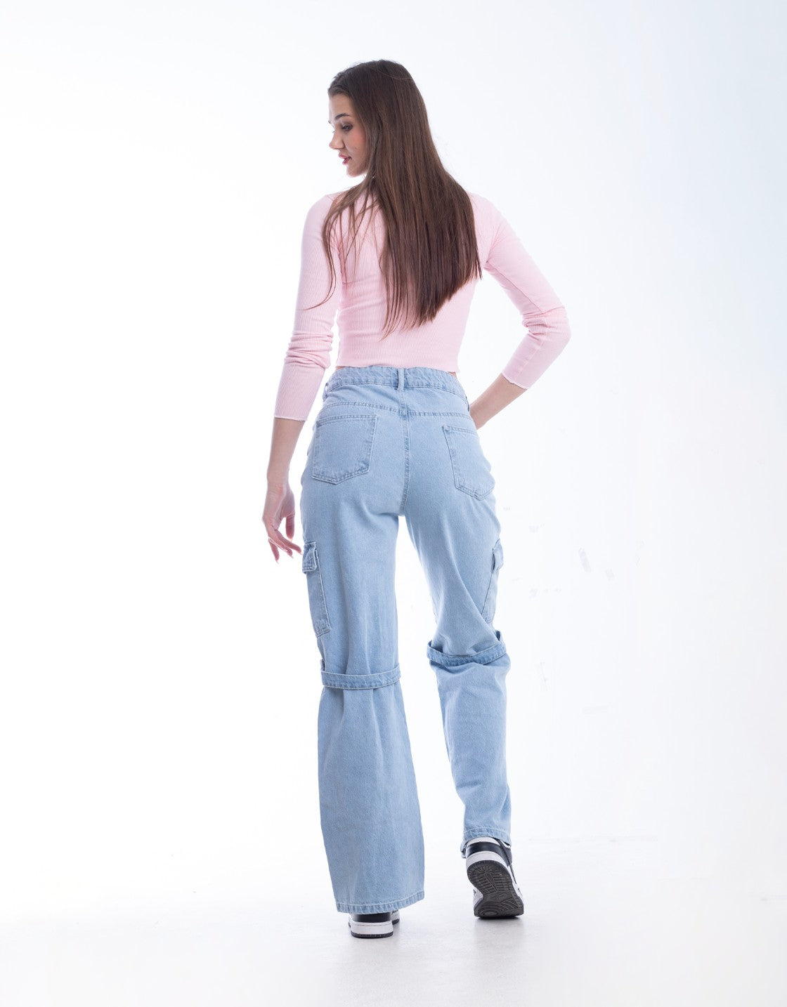 High Waist Flap Cargo Belt Light Blue Jeans Pants OB-620C