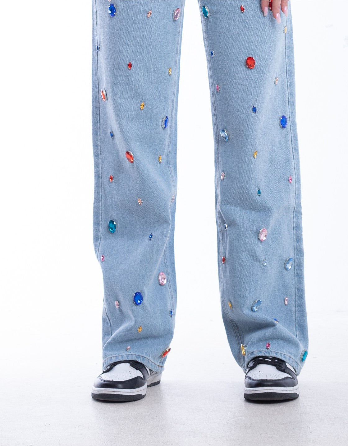 Diamond Studded Straight Jeans Pants Light Blue OBD-350DC