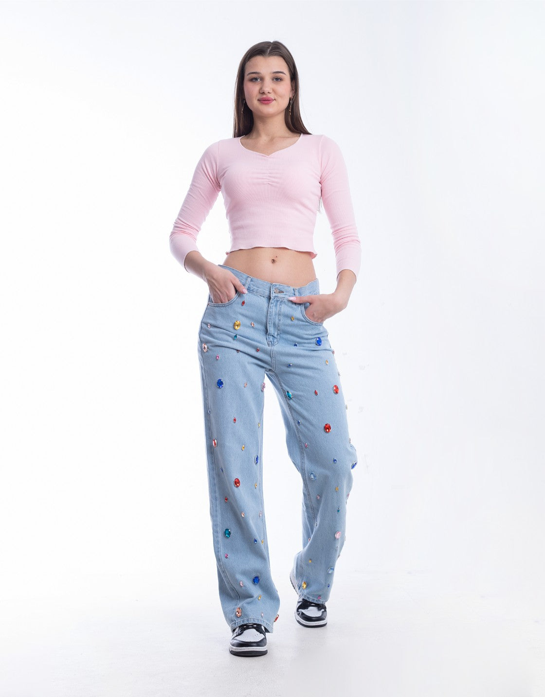 Diamond Studded Straight Jeans Pants Light Blue OBD-350DC