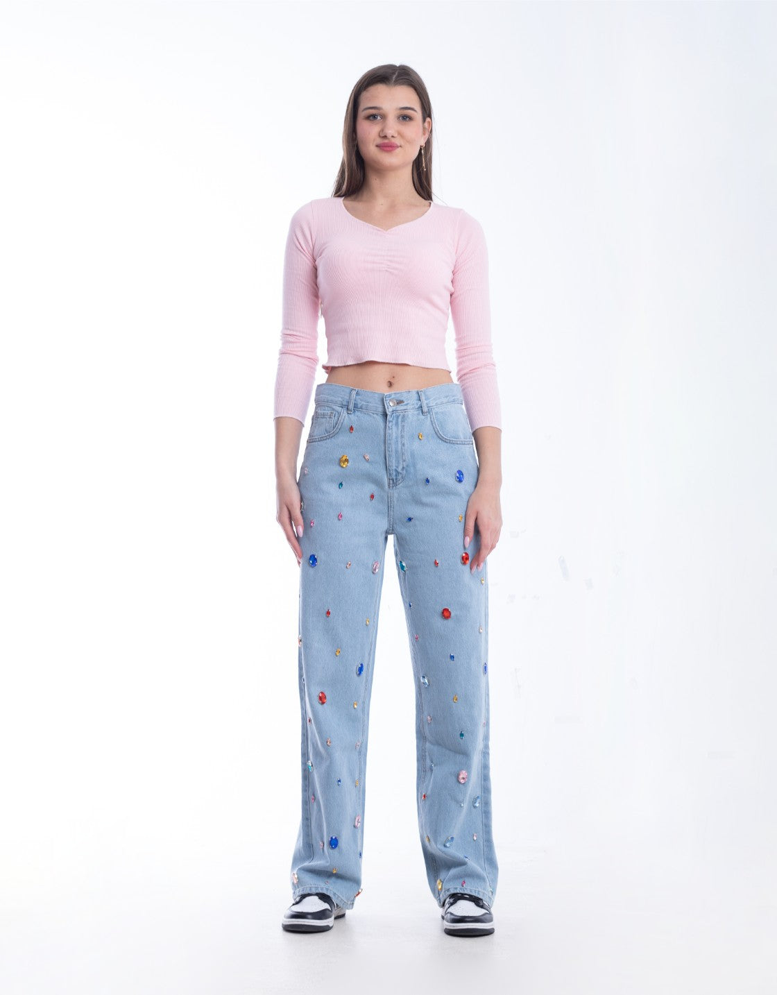 Diamond Studded Straight Jeans Pants Light Blue OBD-350DC