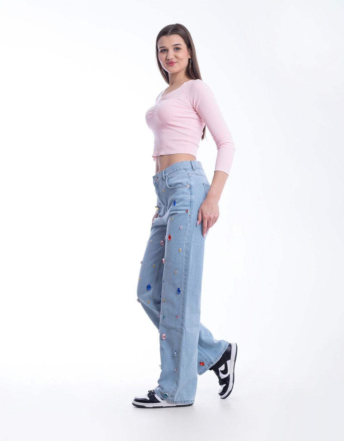 Diamond Studded Straight Jeans Pants Light Blue OBD-350DC