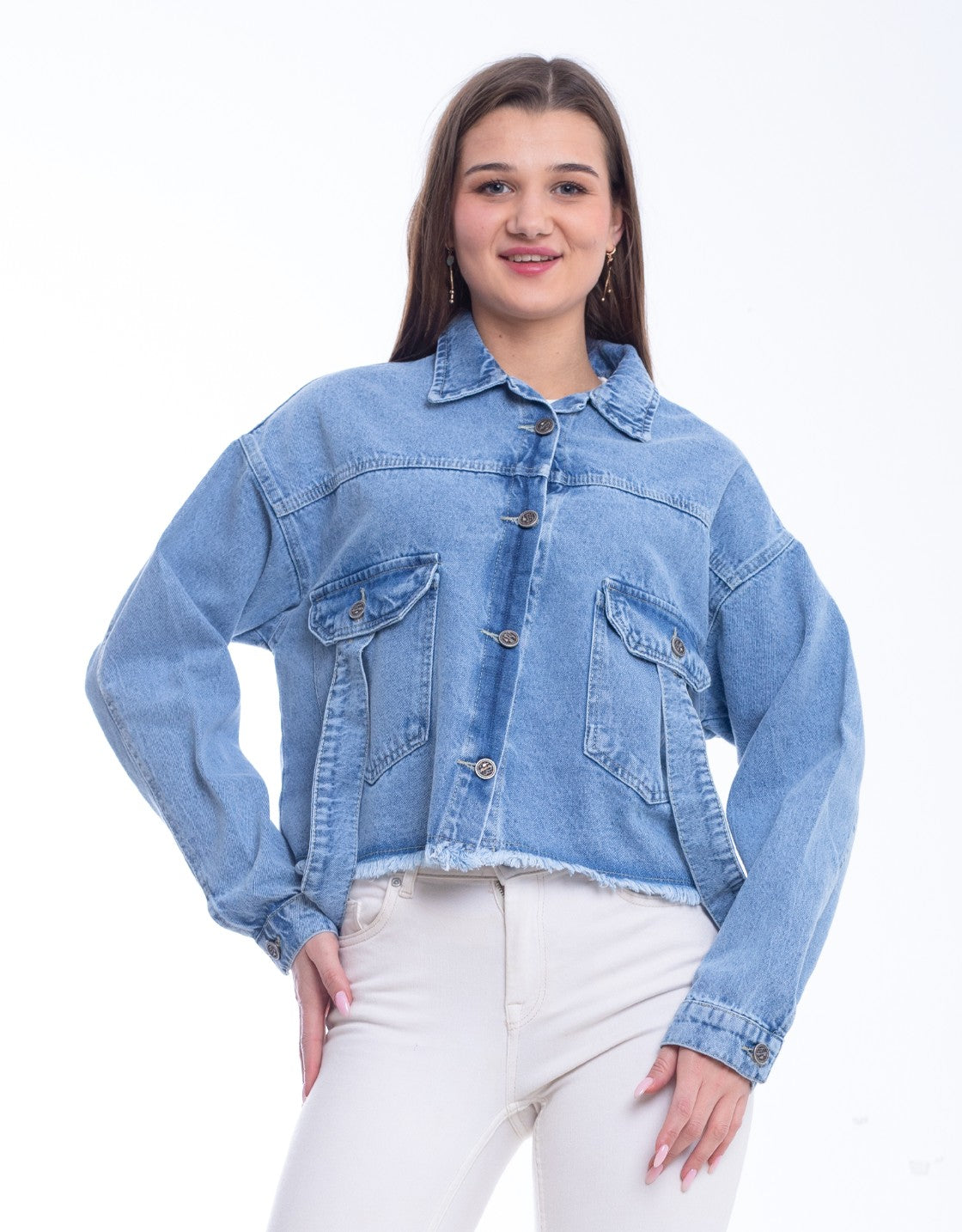 Jeans Jacket Fringe Trim Drop With Belt Medium Blue OJ-534B