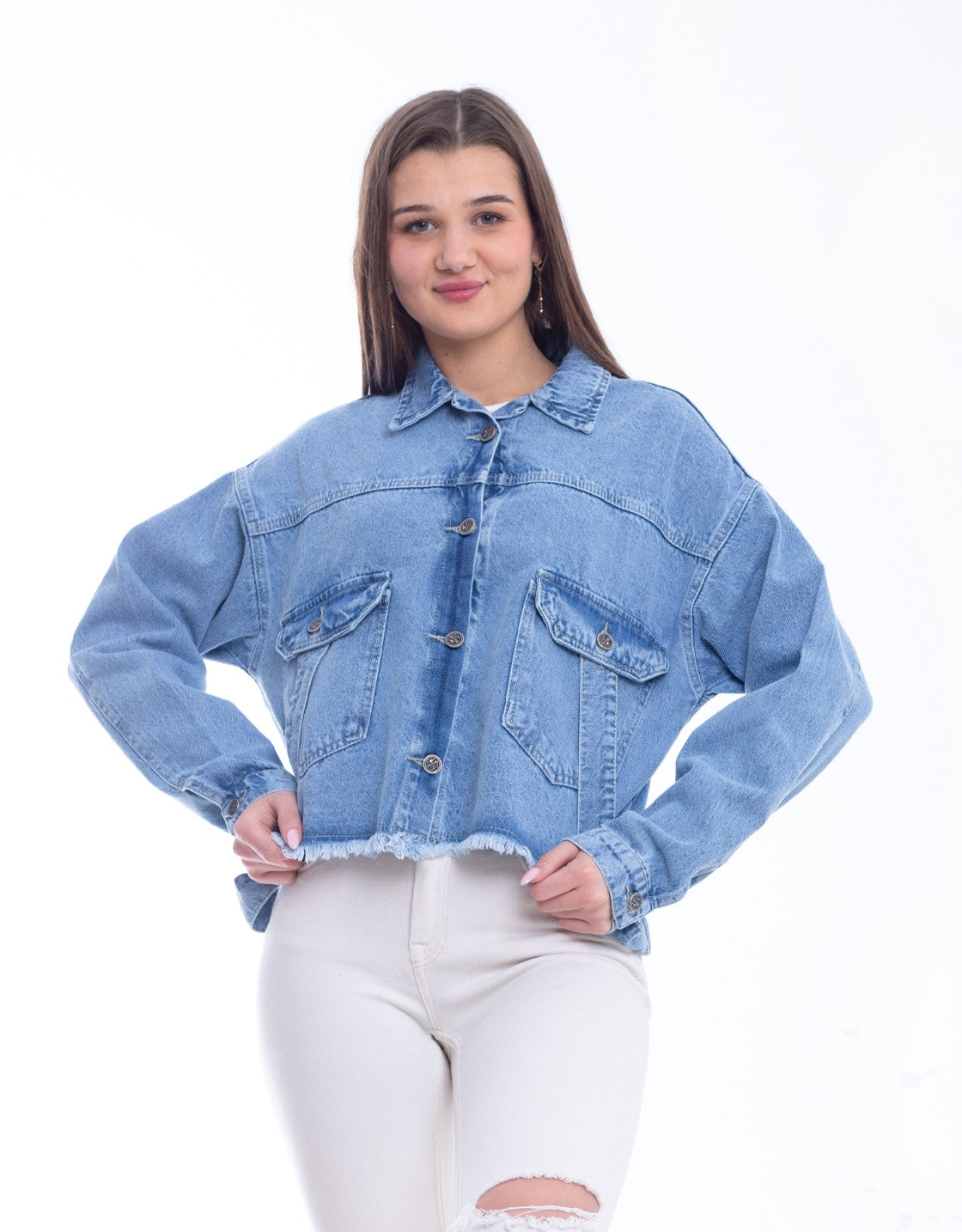Jeans Jacket Fringe Trim Drop With Belt Medium Blue OJ-534B