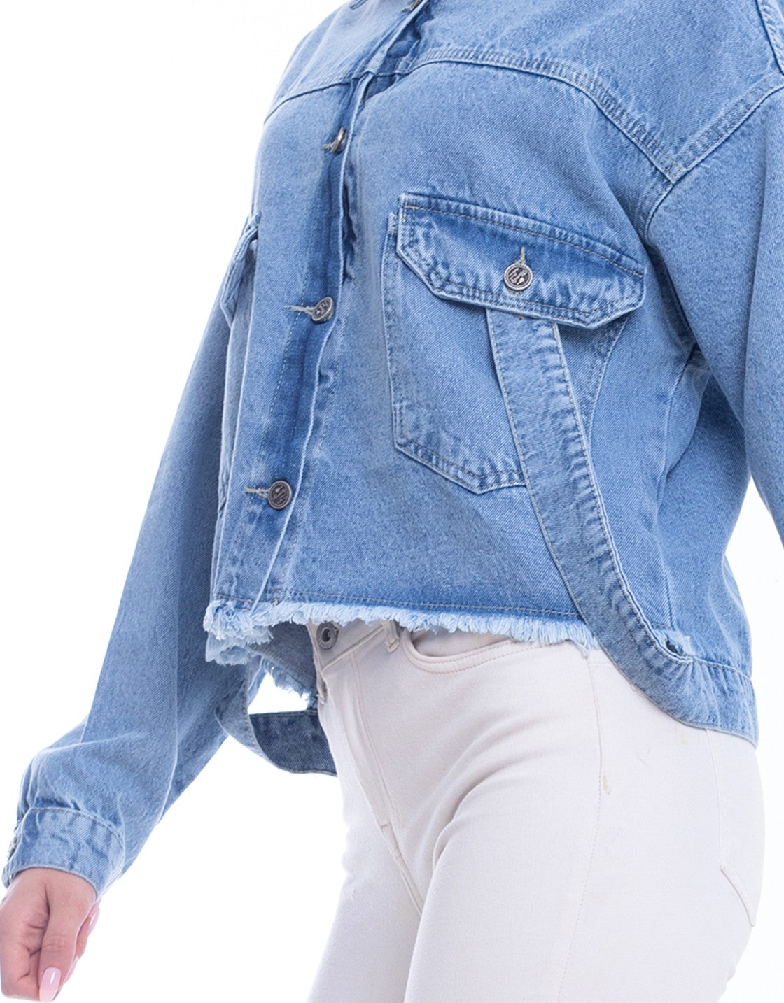 Jeans Jacket Fringe Trim Drop With Belt Medium Blue OJ-534B