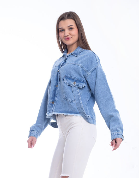 Jeans Jacket Fringe Trim Drop With Belt Medium Blue OJ-534B