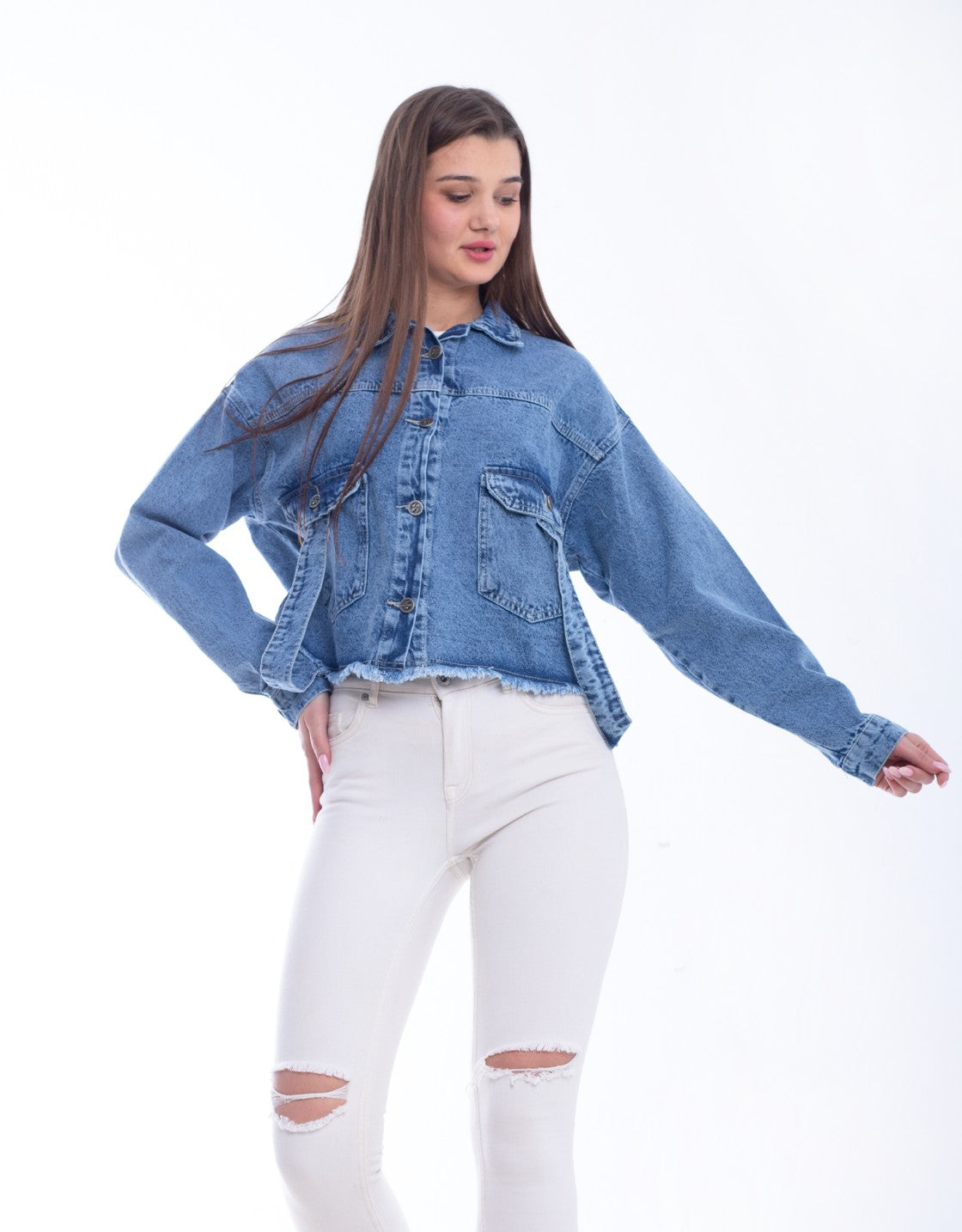 Jeans Jacket Fringe Trim Drop With Belt Dark Blue OJ-534A