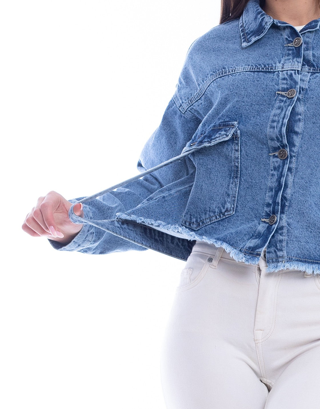 Jeans Jacket Fringe Trim Drop With Belt Dark Blue OJ-534A