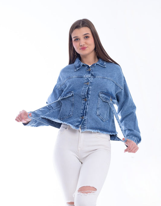 Jeans Jacket Fringe Trim Drop With Belt Dark Blue OJ-534A
