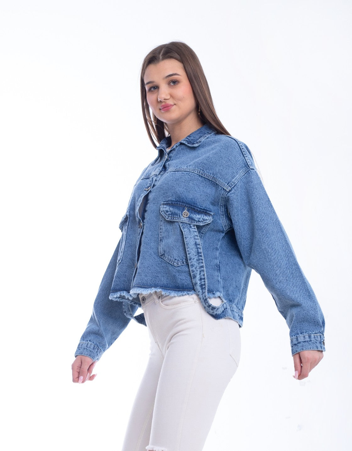 Jeans Jacket Fringe Trim Drop With Belt Dark Blue OJ-534A