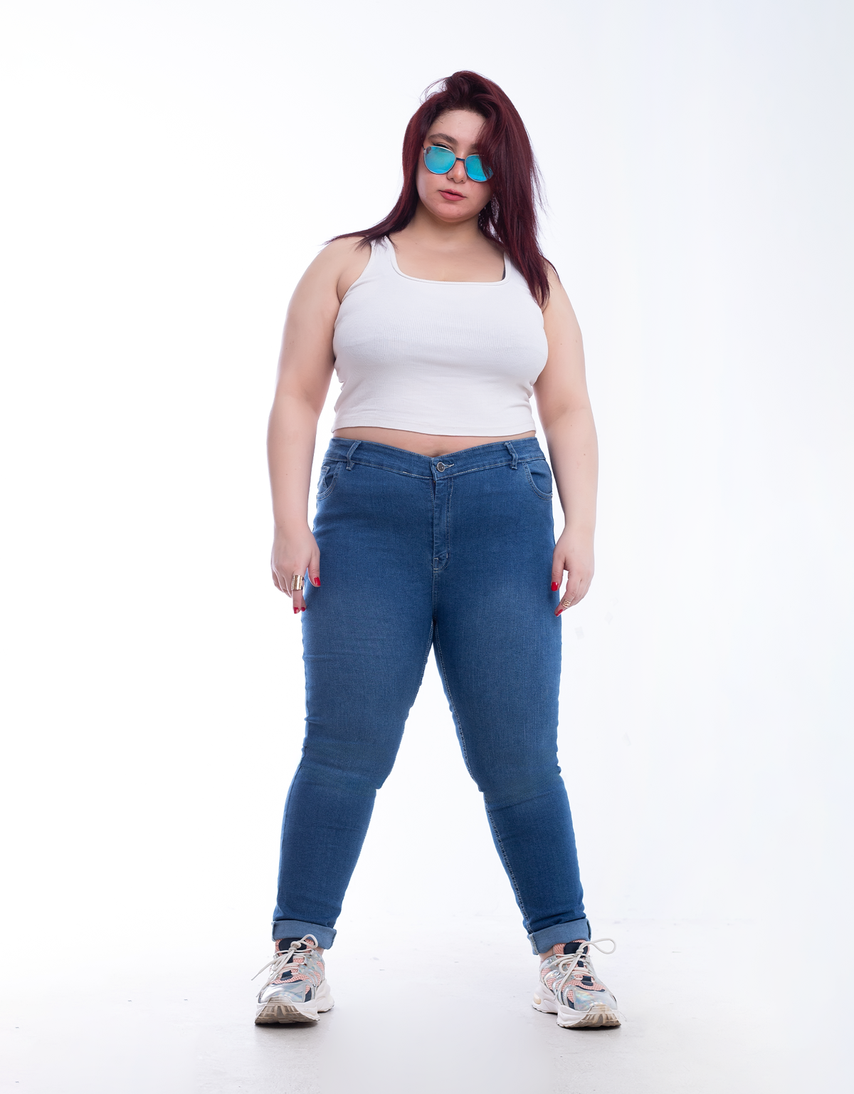 Plus Size High Waist Skinny Medium Blue Jeans Pants OH-320B