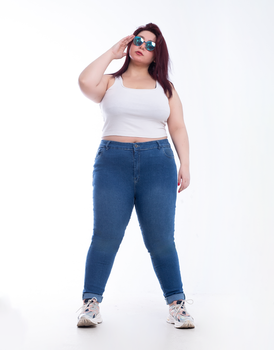 Plus Size High Waist Skinny Medium Blue Jeans Pants OH-320B
