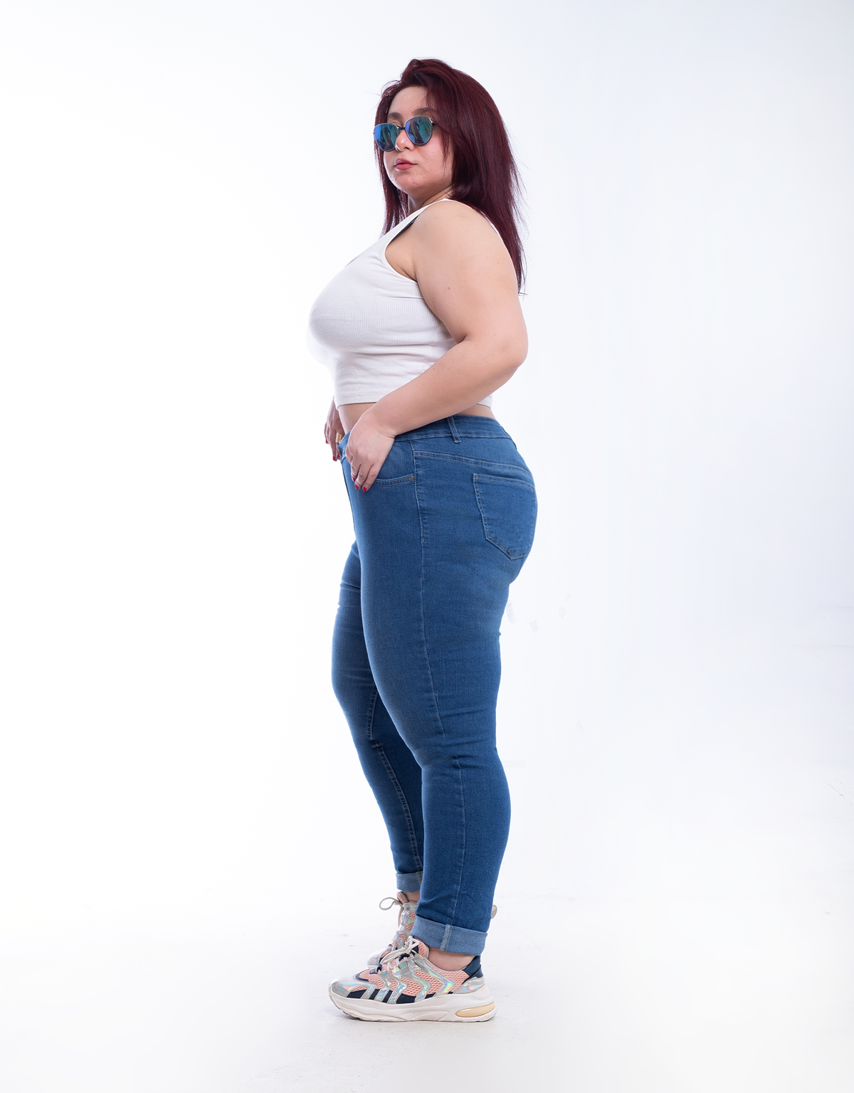 Plus Size High Waist Skinny Medium Blue Jeans Pants OH-320B