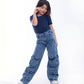 High waist Flap Pocket Cargo Dark Quarry Jeans Pants Teenager OB-625R