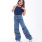 High waist Flap Pocket Cargo Dark Quarry Jeans Pants Teenager OB-625R