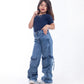 High waist Flap Pocket Cargo Dark Quarry Jeans Pants Teenager OB-625R