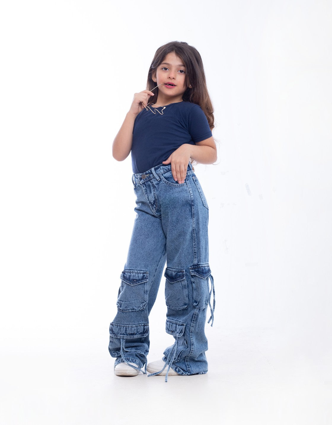 High waist Flap Pocket Cargo Dark Quarry Jeans Pants Teenager OB-625R