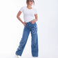 High Waist Straight Flower Pattern Medium Blue Jeans Pants OB-632B