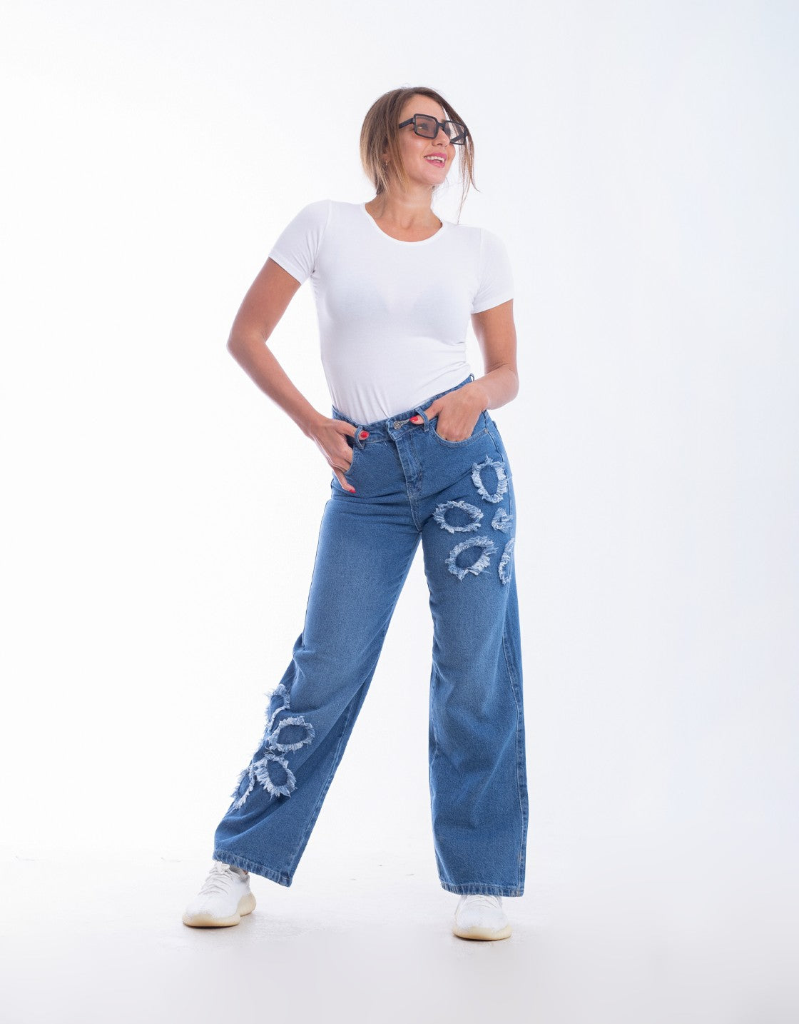 High Waist Straight Flower Pattern Medium Blue Jeans Pants OB-632B