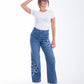 High Waist Straight Flower Pattern Medium Blue Jeans Pants OB-632B