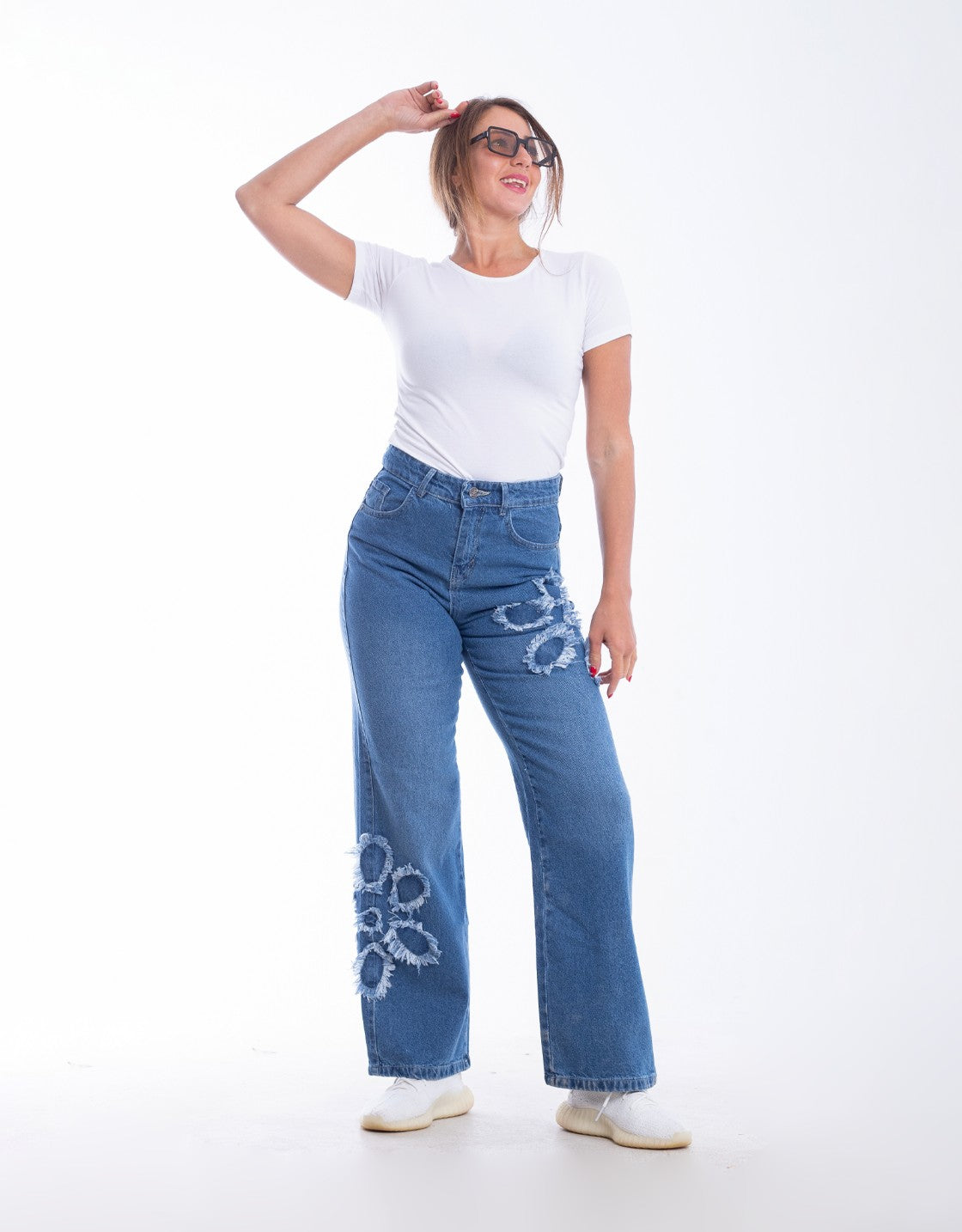 High Waist Straight Flower Pattern Medium Blue Jeans Pants OB-632B