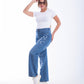 High Waist Straight Flower Pattern Medium Blue Jeans Pants OB-632B