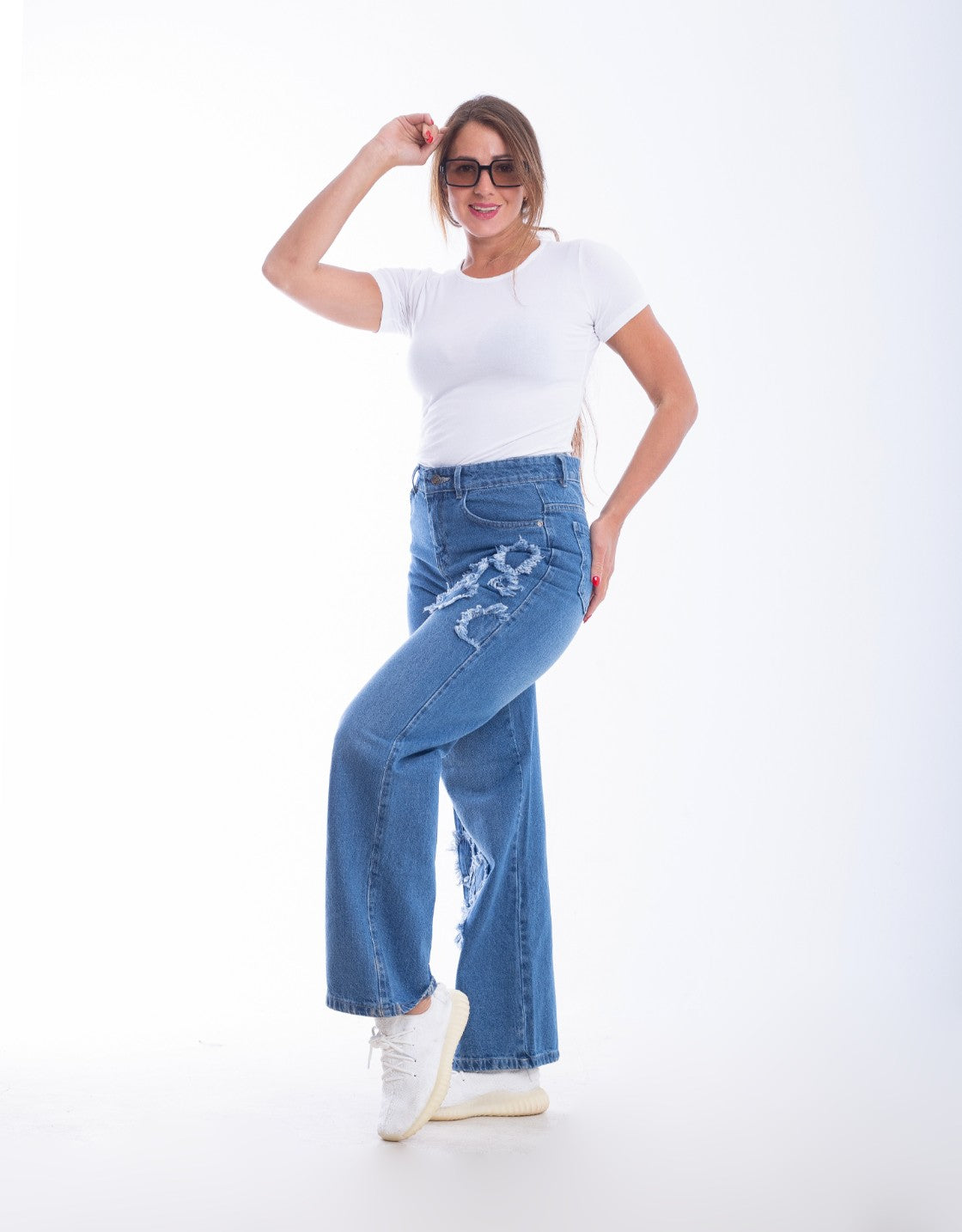 High Waist Straight Flower Pattern Medium Blue Jeans Pants OB-632B