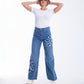 High Waist Straight Flower Pattern Medium Blue Jeans Pants OB-632B