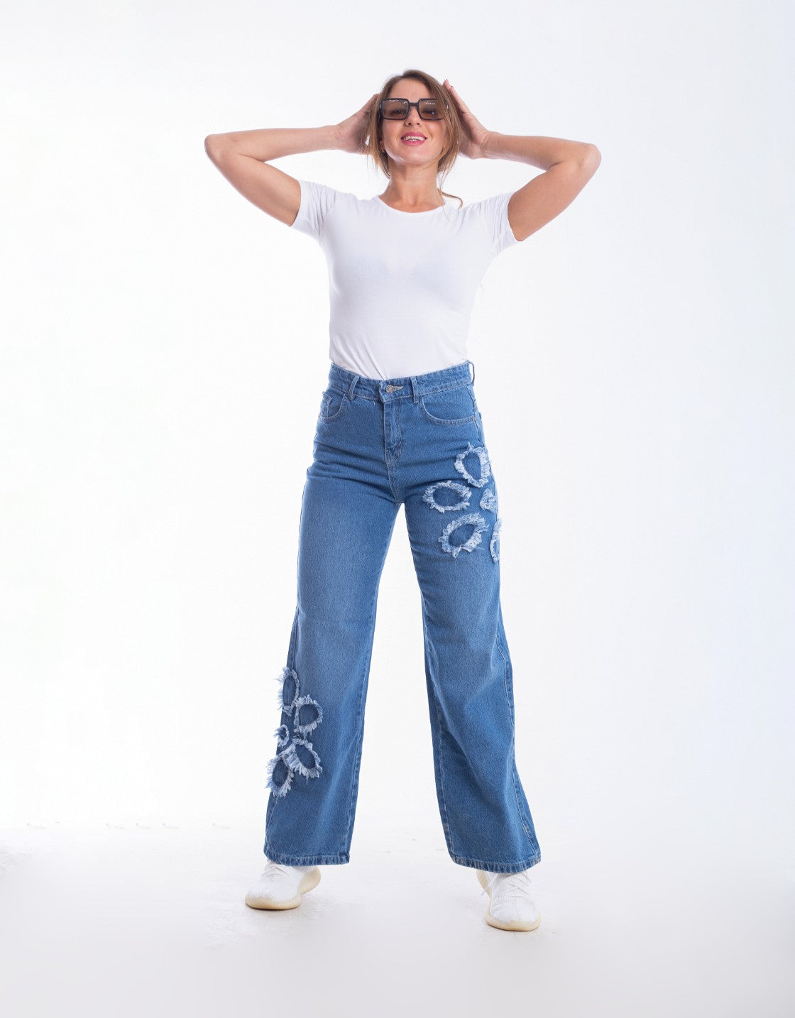High Waist Straight Flower Pattern Medium Blue Jeans Pants OB-632B