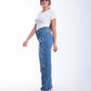 High Waist Straight Flower Pattern Medium Blue Jeans Pants OB-632B