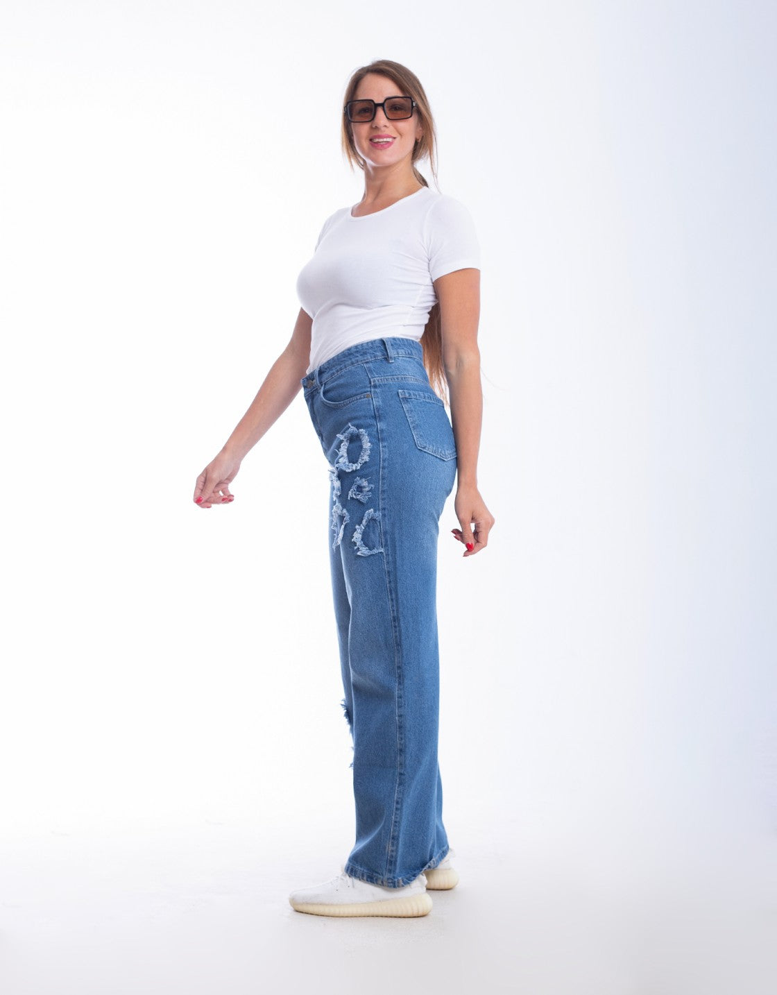 High Waist Straight Flower Pattern Medium Blue Jeans Pants OB-632B