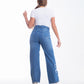 High Waist Straight Flower Pattern Medium Blue Jeans Pants OB-632B