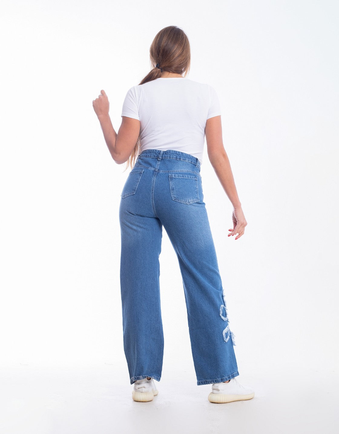 High Waist Straight Flower Pattern Medium Blue Jeans Pants OB-632B