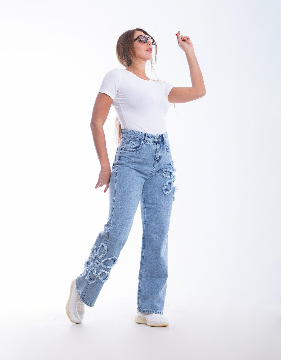 High Waist Straight Flower Pattern Quarry Jeans Pants OB-632R