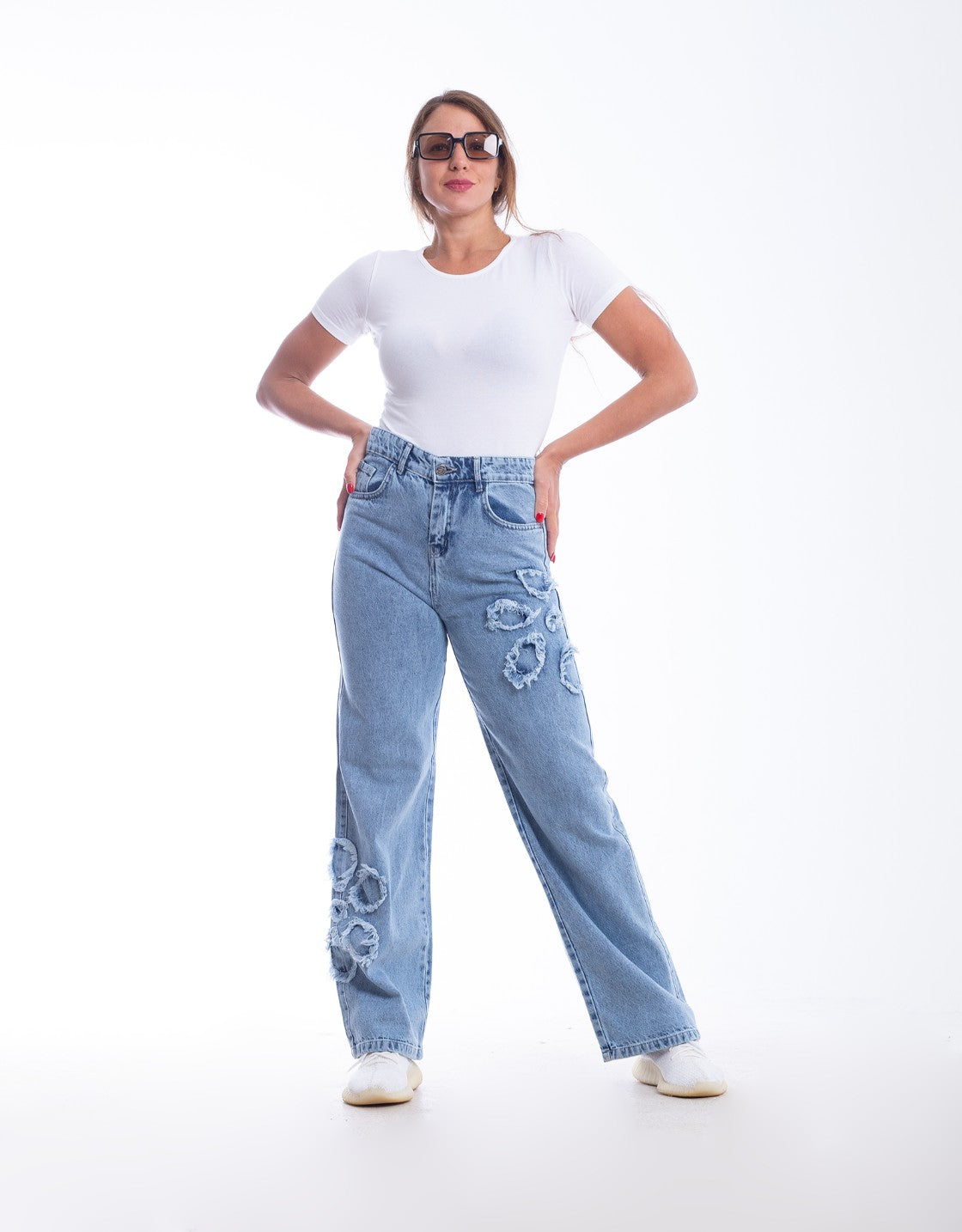 High Waist Straight Flower Pattern Quarry Jeans Pants OB-632R