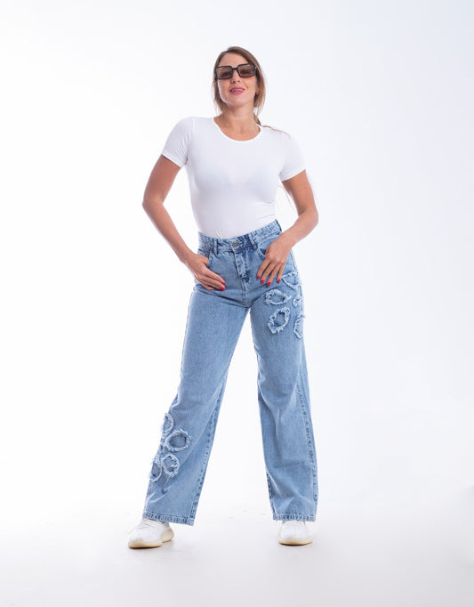 High Waist Straight Flower Pattern Quarry Jeans Pants OB-632R