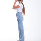 High Waist Straight Flower Pattern Quarry Jeans Pants OB-632R
