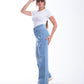 High Waist Straight Flower Pattern Light Blue Jeans Pants OB-632C