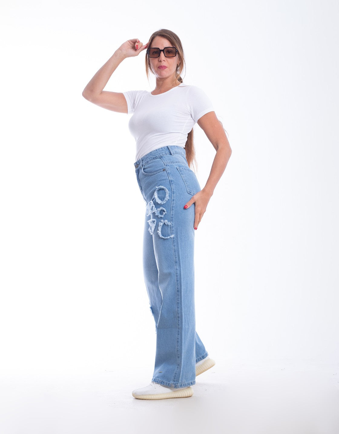 High Waist Straight Flower Pattern Light Blue Jeans Pants OB-632C