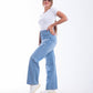 High Waist Straight Flower Pattern Light Blue Jeans Pants OB-632C