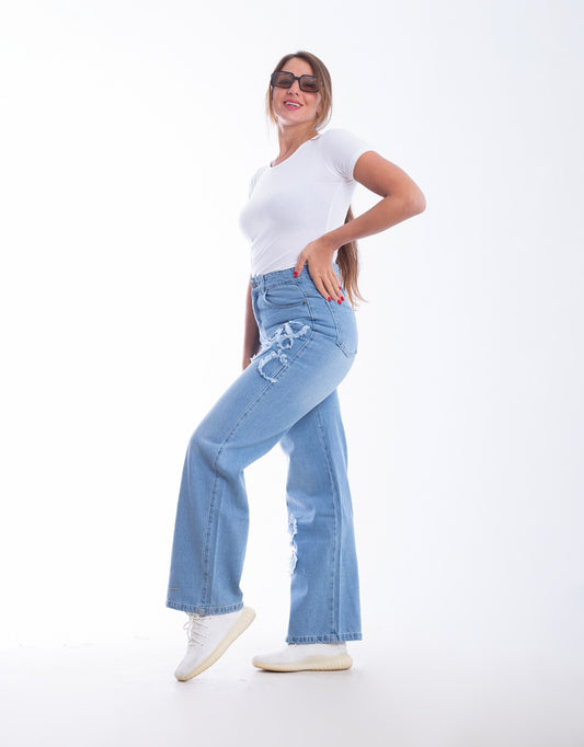 High Waist Straight Flower Pattern Light Blue Jeans Pants OB-632C