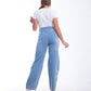 High Waist Straight Flower Pattern Light Blue Jeans Pants OB-632C