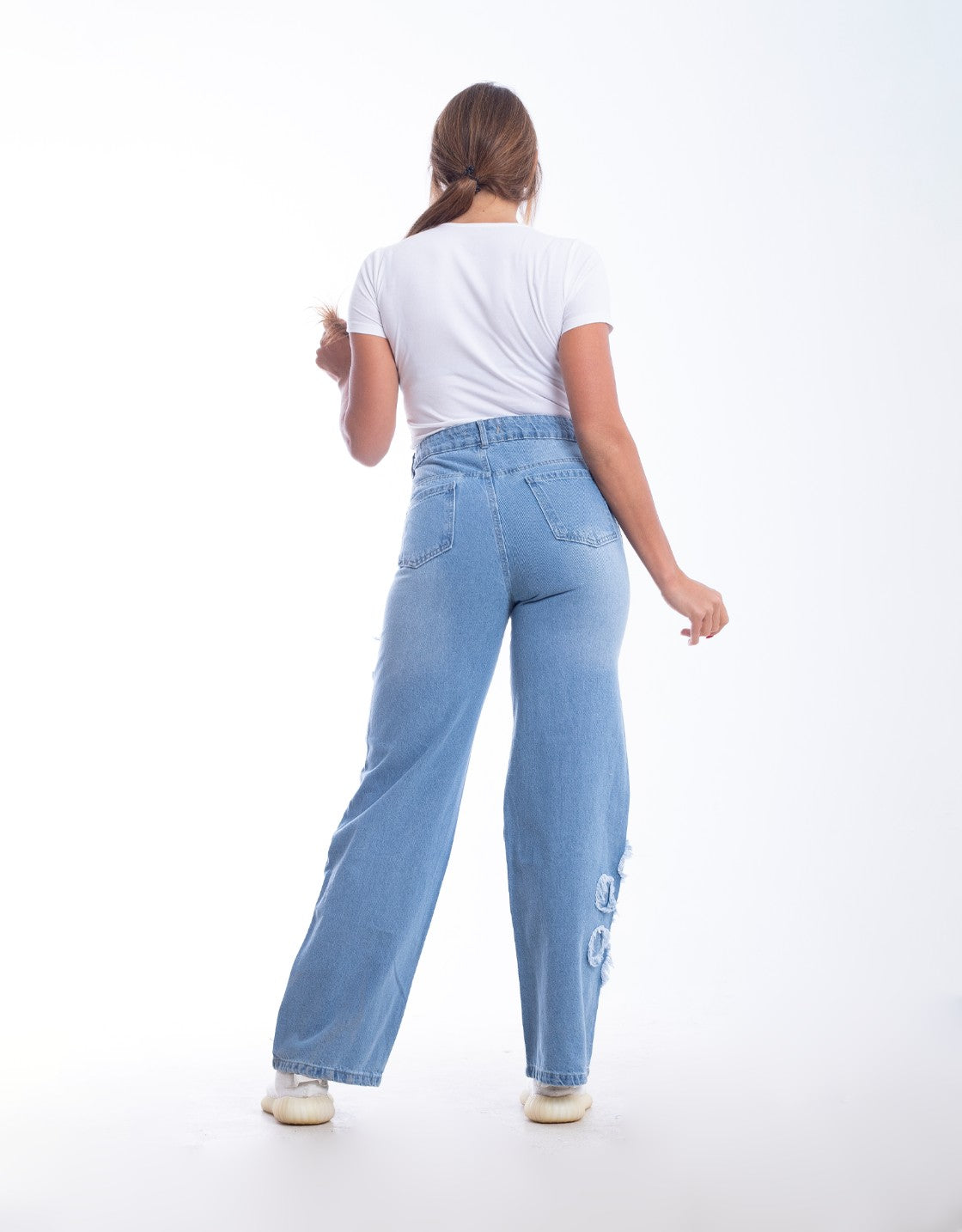 High Waist Straight Flower Pattern Light Blue Jeans Pants OB-632C