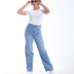 High Waist Straight Flower Pattern Light Blue Jeans Pants OB-632C