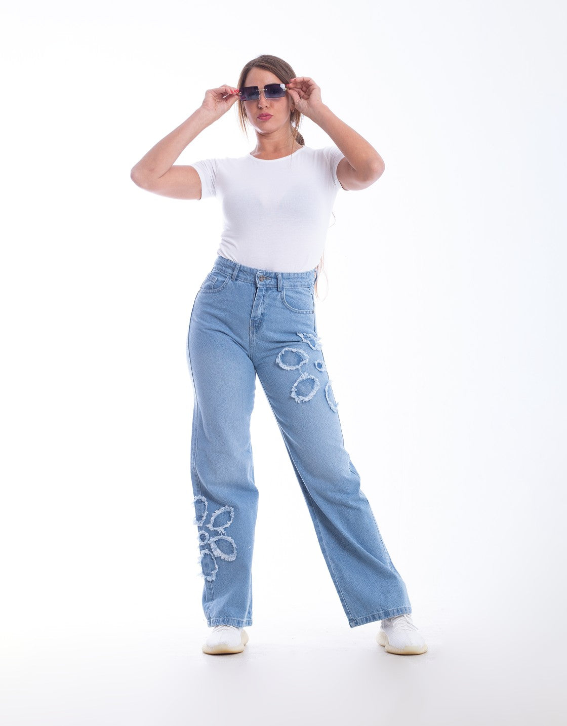 High Waist Straight Flower Pattern Light Blue Jeans Pants OB-632C