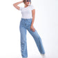 High Waist Straight Flower Pattern Light Blue Jeans Pants OB-632C