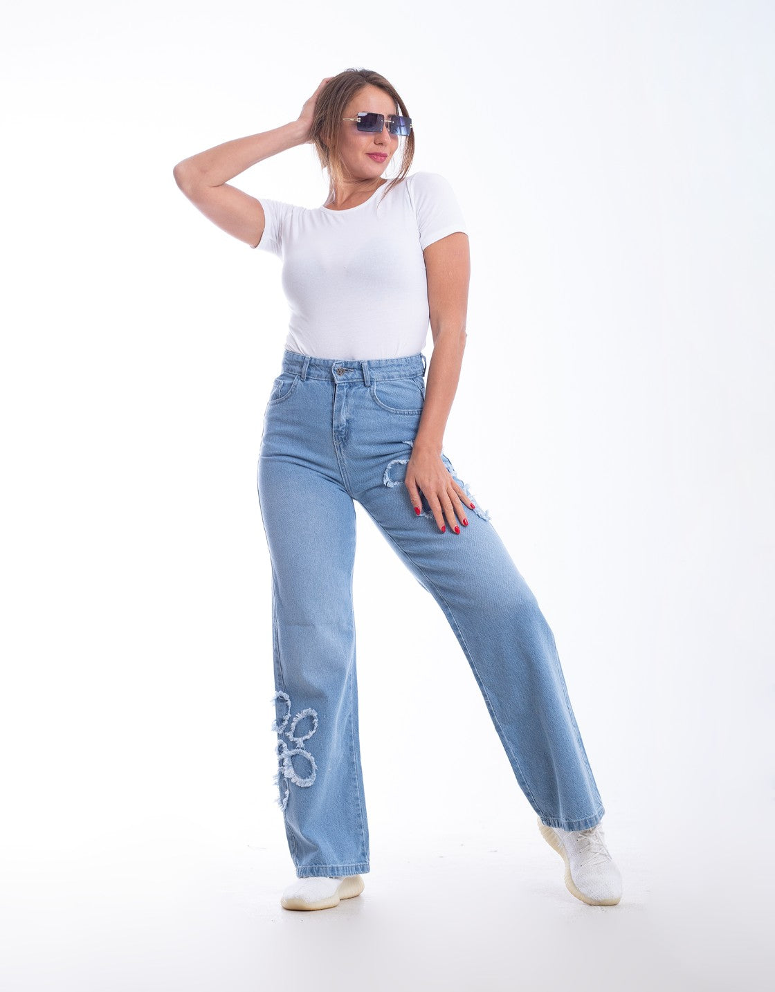 High Waist Straight Flower Pattern Light Blue Jeans Pants OB-632C