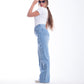 High Waist Straight Flower Pattern Light Blue Jeans Pants OB-632C