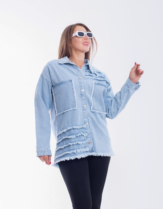 Jeans Jacket Fringe Trim Light Blue OJ-535C