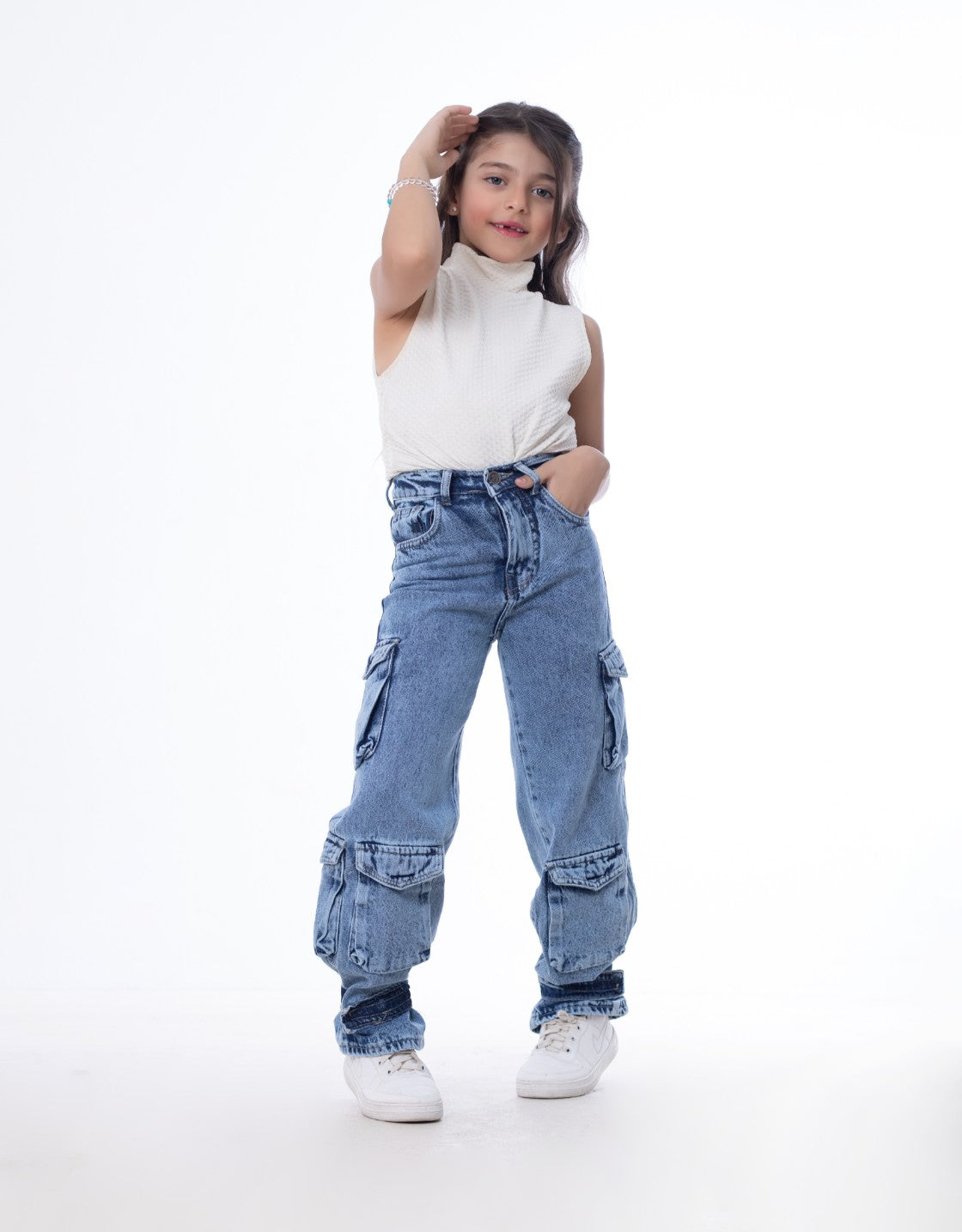 High waist Flap Pocket Cargo Glued Bottom Dark Quarry Jeans Pants OB-624R