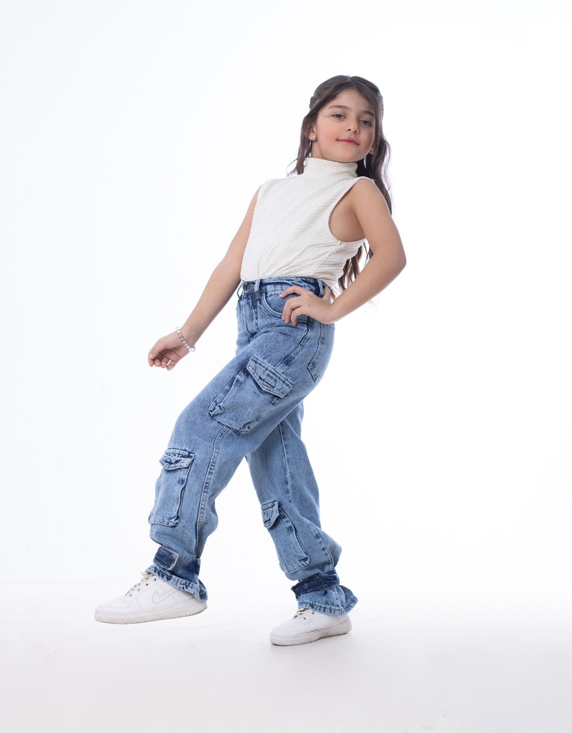 High waist Flap Pocket Cargo Glued Bottom Dark Quarry Jeans Pants OB-624R